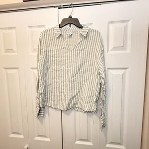 Rachel Zoe 100% Linen Striped Popover Blouse L Collared Top